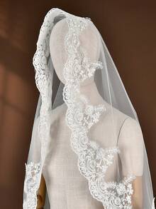 1件3米蕾丝新娘头纱，白色柔软薄纱蕾丝边，适合教堂婚礼、订婚仪式、婚纱摄影配饰，不含梳子，可遮盖面部 - 彩色 - 查看 7