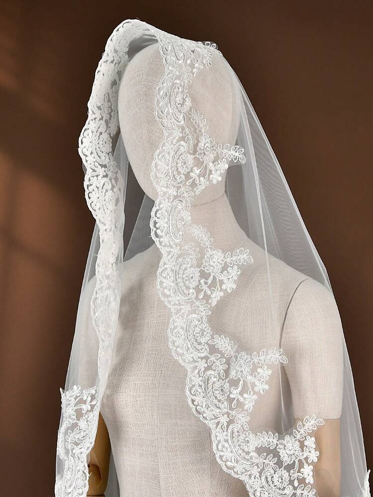 1 pieza Velo de novia de encaje de 3M, encaje de tul suave blanco, adecuado para ceremonia de boda en la iglesia, ceremonia de compromiso, accesorio de fotografía de boda, sin peine, puede cubrir el rostro - Multicolor - Añade 6