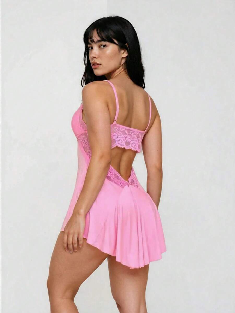 Women's Sexy Nightgown With Lace Nightwear - 粉色 - 查看 1