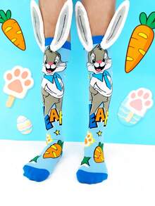 1 par de calcetines sobre la rodilla para niños, calcetines infantiles, calcetines locos, calcetines divertidos, con diseño de conejo lindo y decoración de orejas 3D. Adecuado para todas las estaciones, regalo perfecto para el Día Loco, fiestas infantiles, San Valentín, Pascua, vacaciones, actividades al aire libre y uso diario. - Celeste - Ver 4