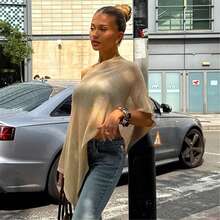 Women Sheer Mesh Poncho Top Crochet Knit Lightweight See Through Shawl Wrap Summer Oversized Loose Shrug Beachwear Swimsuit Bikini Cover Ups - 摩卡棕 - 查看 3