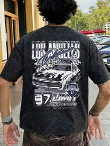 FRACTYR 男士夏季时尚简约赛车及英文标语印花圆领复古水洗短袖T恤 | 百搭街头休闲T恤，男友礼物 - 黑色 - 查看 1