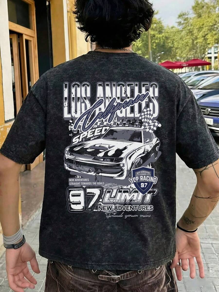 FRACTYR 男士夏季时尚简约赛车及英文标语印花圆领复古水洗短袖T恤 | 百搭街头休闲T恤，男友礼物 - 黑色 - 查看 1