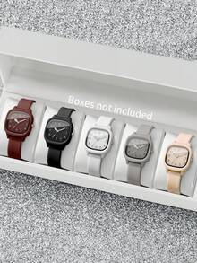 5只/套 女士硅胶手表，时尚休闲方形表盘石英腕表，经典时计（不含表盒） - 彩色 - 查看 1