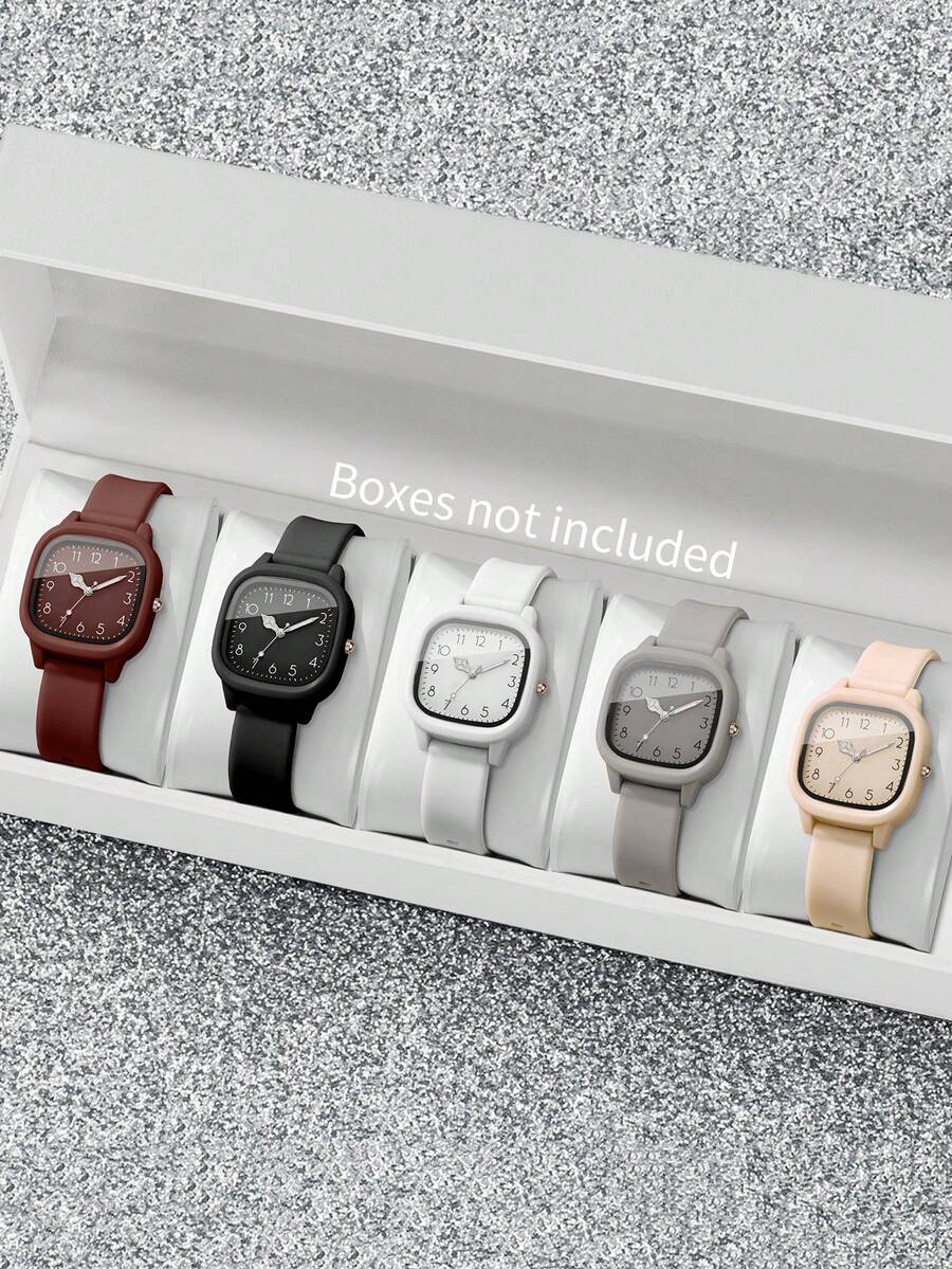 5只/套 女士硅胶手表，时尚休闲方形表盘石英腕表，经典时计（不含表盒） - 彩色 - 查看 1