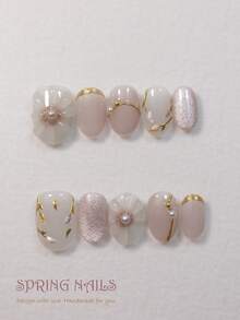 10片手工亚克力短款美甲贴片，夏季时尚粘贴式假指甲，日式美甲设计，可爱猫眼配金色镶边，约会及各种场合必备。 - 乾枯玫瑰色 - 查看 12