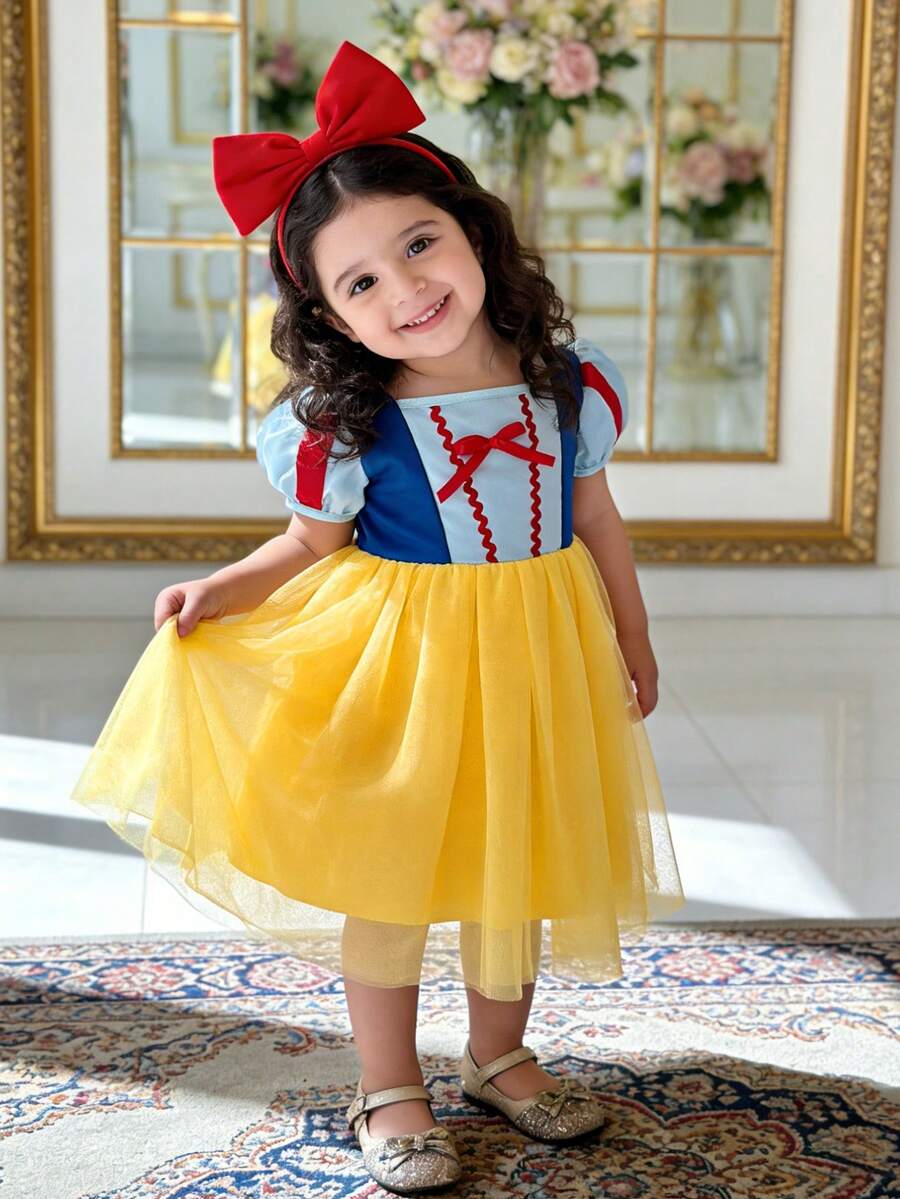 Baby Girls' Color Block Puff Sleeve Mesh Princess Dress, Suitable For Parties - Yellow - View 1