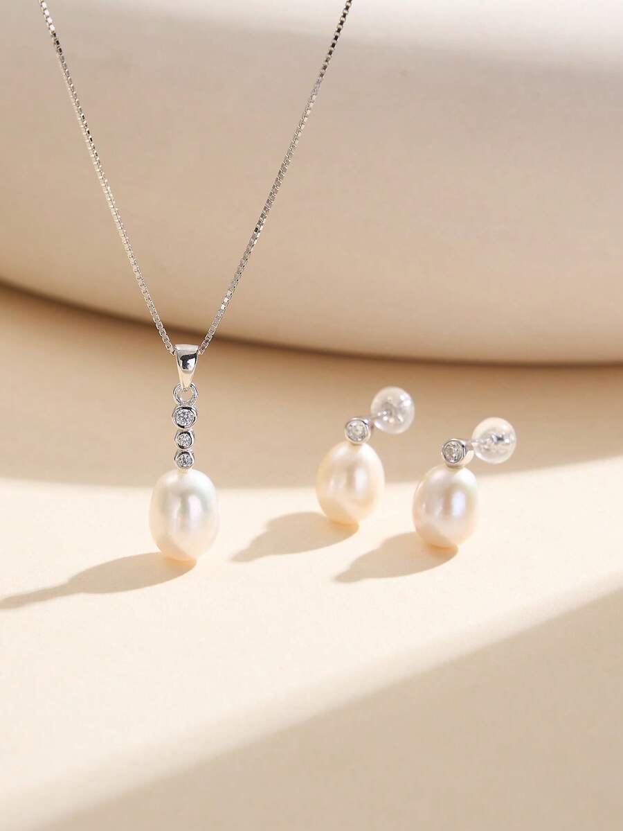 AETOLIA 1 Set Elegant S925 Sterling Silver Necklace & Earrings Set, Plated White Gold, Matched With 7-9mm Natural Cultured Pearl, Suitable For Women's Wedding/Date Wear - Silver - View 1
