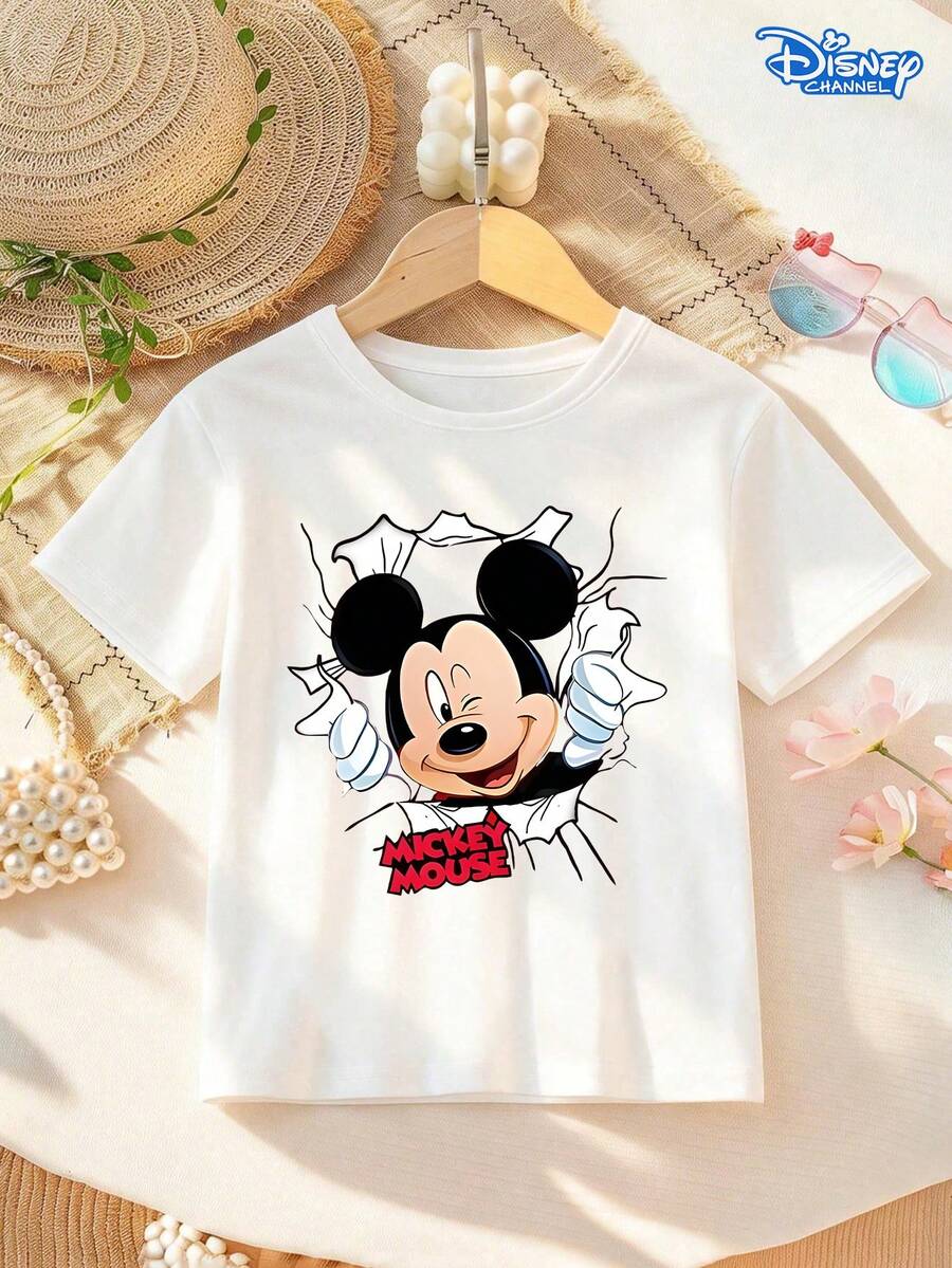 Disney Breakthrough Mickey Print Kids T-Shirt, White Loose Crew Neck Top, Mickey Breaking Through Wall Winking, With "MICKEY MOUSE" Slogan, Cool & Eye-Catching, Breathable Skin-Friendly, All-Match For Summer Outing & School, Unisex - 白色 - 查看 1
