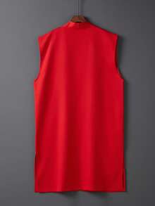 Summer European And American Retro Solid Color Street Style Mid-Length Sleeveless Cover Up, Vest, Kimono, Thin Outerwear, Suitable For Beach, Vacation, Sexy Bikini Cover-Up, Sun Protection - Red - View 2