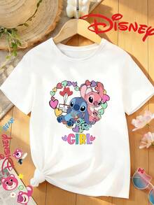 Disney Officially Licensed Stitch And Angel Print, Women's High-Waisted Slim-Fitting Short-Sleeved T-Shirt, Casual Beach Short-Sleeved Top - 白色 - 查看 1