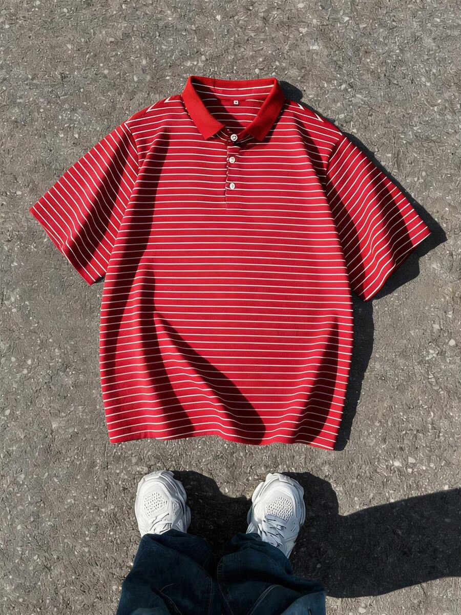 Men's Summer Fine Striped Half-Placket Short Sleeve Casual Polo Shirt - 彩色 - 查看 1