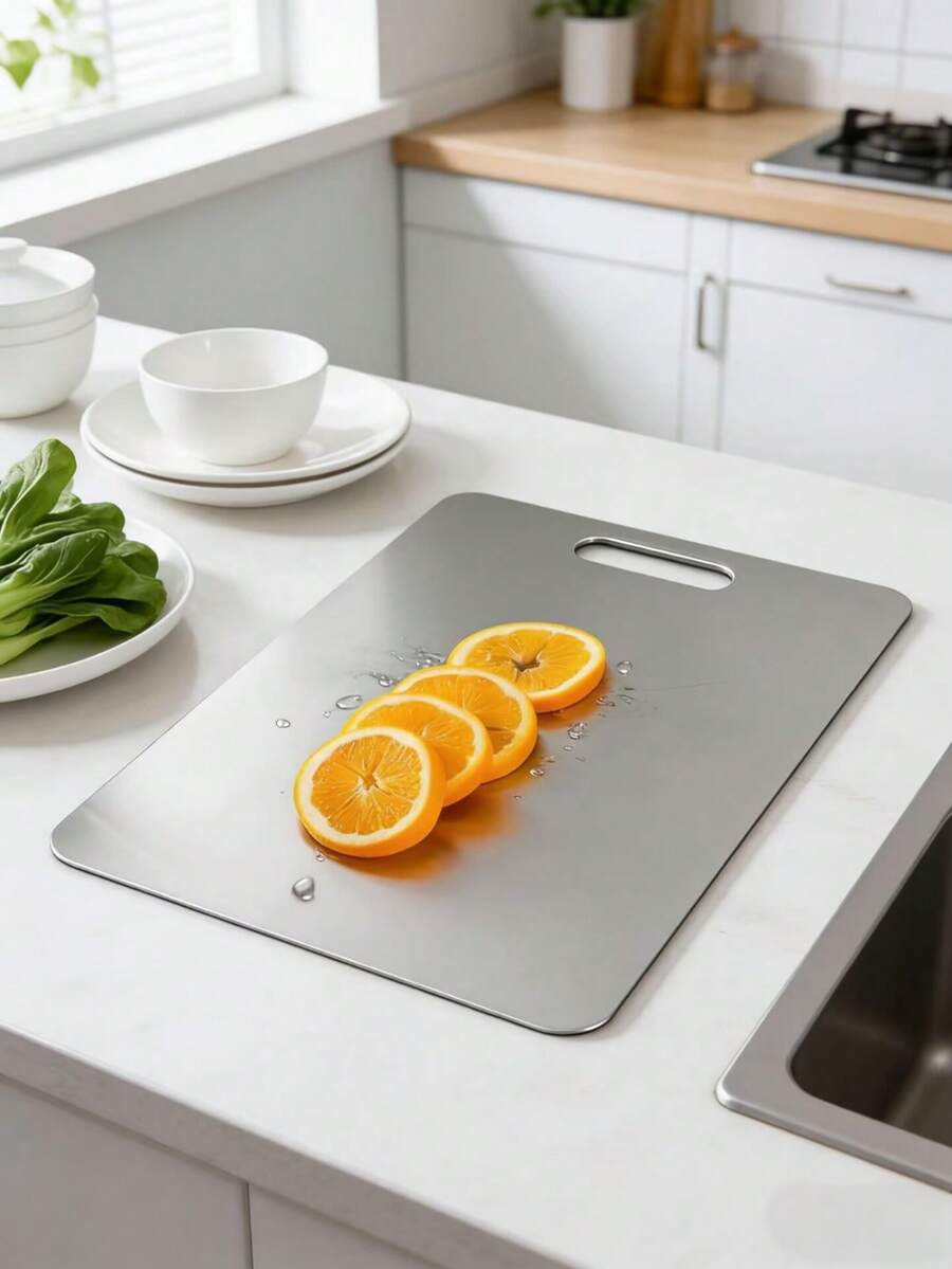 1pc High Quality Stainless Steel Double-Sided Round Cutting Board, Stainless Steel Chopping Board - Thickened Anti-Mold, Easy To Clean, Suitable For Kitchen, Dining Room, Meat, Fruits And Vegetables, Multifunctional And Practical, Minimalist Design - Silver - View 1