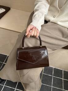 新款亮面手提包，晚宴包，链条肩带小方包 - 咖啡棕 - 查看 3