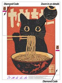 5D DIY Pintura de Diamantes | Gato negro lindo comiendo ramen con palillos en estilo retro, Kits de Pintura de Diamantes, Fondo rojo vívido, Tipografía japonesa y patrones intrincados de tazón. Pintura decorativa hecha a mano, Kit de Pintura de Diamantes 5D, Haz tu propia obra de arte DIY, Disfruta de la diversión de la manualidad, El mejor regalo para amigos - Sin marco - Ver 8