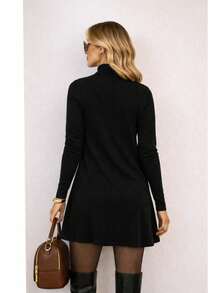 Women's Short Dress With Long Sleeves, Soft Suedine Cotton, Comfortable Premium Knit - màu đen - Xem 2