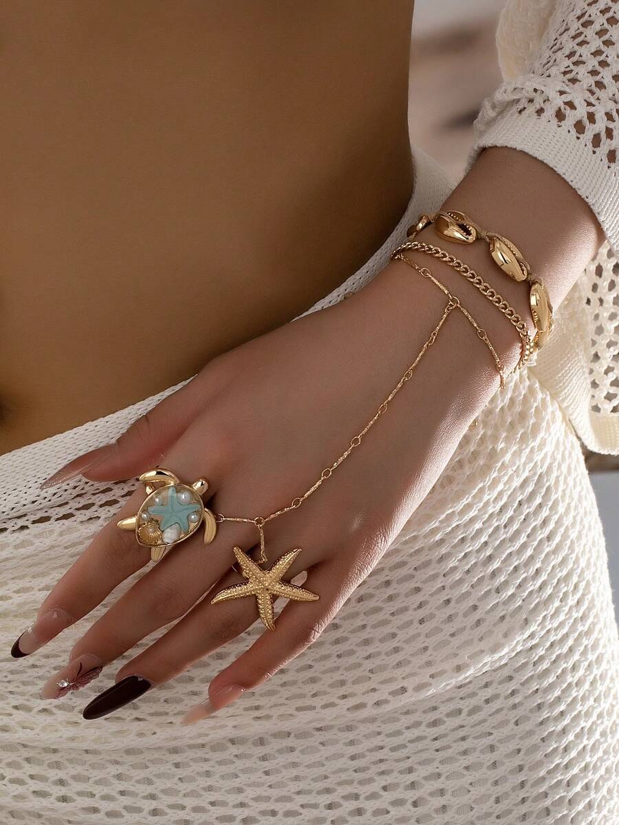 5pcs/Set Sea Turtle & Starfish Ring Set And Metal Shell Chain Bracelet Set, Summer Beach Boho Style Jewelry Set For Women