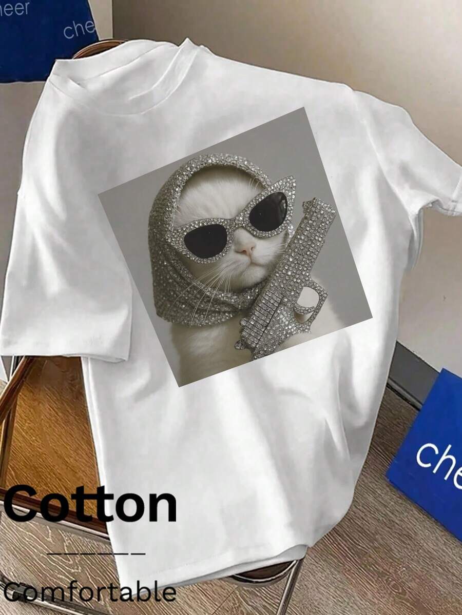 春秋街头风休闲时尚简约趣味日常百搭Y2K运动节日装：男女皆宜的印花T恤，舒适透气，适合多种场合，为你的生活增添一抹魅力 - 白色4 - 查看 1