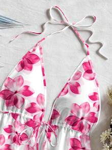 女士露背吊带背心，花卉叶子印花图案，蝴蝶结露背沙滩度假上衣 - 玫紅色 - 查看 3