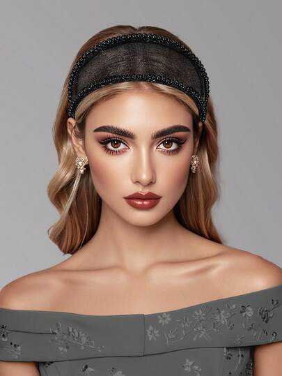1pc Black Pearl Wide-Brimmed Headband, Minimalist Daily Wear Mesh Hollow Hair Hoop, Suitable For Festivals, Dances, Parties, Birthdays, Weddings, Casual Outings For Women
