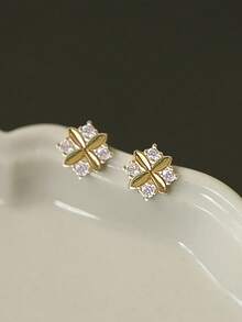 1 Pair S925 Sterling Silver Lucky Four-Leaf Clover Stud Earrings, Women's Rhombus Zirconia Inlaid Small Flower Petals Earrings, Sweet Elegant Ins Style Niche Earrings, Versatile For Daily Wear And Gifts - Four Leaf Clover - View 8