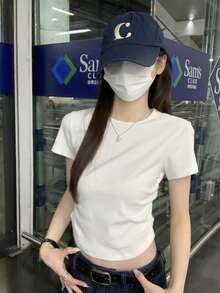 夏季新款纯白束腰短袖T恤，修身性感露脐上衣，女士休闲款 - 白色 - 查看 2