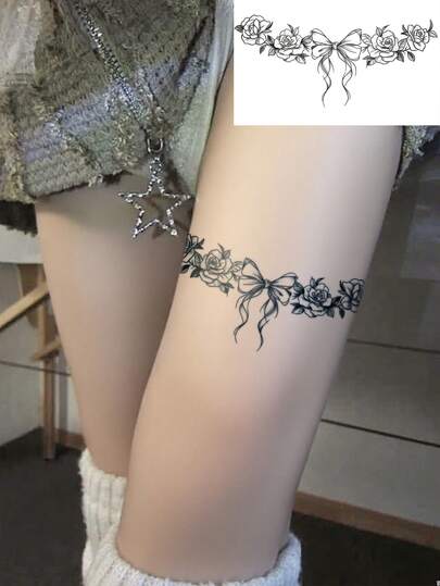 1 hoja de tatuaje temporal de arte corporal apto para hombres y mujeres. Patrones románticos de flores y lazos. Tatuaje falso impermeable, que dura de 2 a 5 días. Se puede usar en manos, brazos, cuello, pecho, hombros, cintura y piernas. Adecuado para vacaciones, fiestas, bodas, regalos, vacaciones y festivales de música.