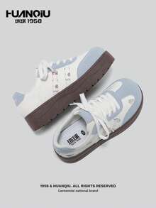 HUANQIU 厚底运动鞋，蓝白粉撞色鞋，女士休闲鞋，千禧男女通用运动鞋，条纹设计，四季皆宜 - 藍色 - 查看 3