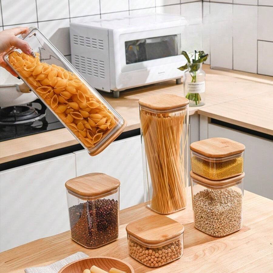 1个带木盖的密封食品罐，3种尺寸密封食品容器，多用途厨房收纳整理盒，可存放咖啡豆、茶叶、意面、面粉、糖、坚果、糖果等，防潮大容量，厨房收纳必备品 - 查看 1