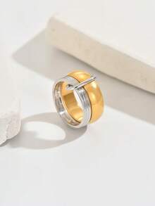1pc Minimalist Dual-Tone Stainless Steel Fashion Ring, Suitable For Daily Wear - Two-tone Ring - View 3
