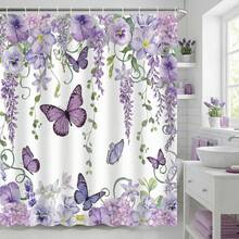 1pc Purple Butterfly & Flower Shower Curtain, Spring Wisteria Green Hanging Plant Butterfly Shower Curtain, Suitable For Bathroom Bathtub Divider, Bathroom Shower Curtain Decor, Bathroom Accessories - A - View 1