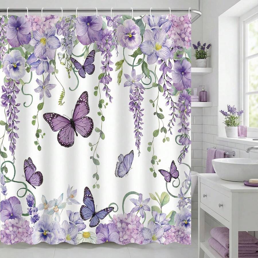 1pc Purple Butterfly & Flower Shower Curtain, Spring Wisteria Green Hanging Plant Butterfly Shower Curtain, Suitable For Bathroom Bathtub Divider, Bathroom Shower Curtain Decor, Bathroom Accessories - A - View 1