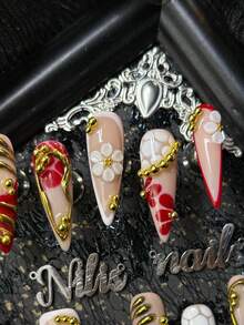 10pcs Stiletto Acrylic Nail Kit, Red Nails, Red French Style, White&Red Tie Dye, 3D White Three-Dimensional Flowers, Asymmetric Flowing Lines, And Beads As Nail Accessories, Y2K Style Nail Art Set, Very Suitable For Women And Girls To Attend Theme Parties&Party&Ceremonies&Festival Use (Including One Piece Of Jelly Glue And One Friction Strip) Nail Stuff - Red - View 7