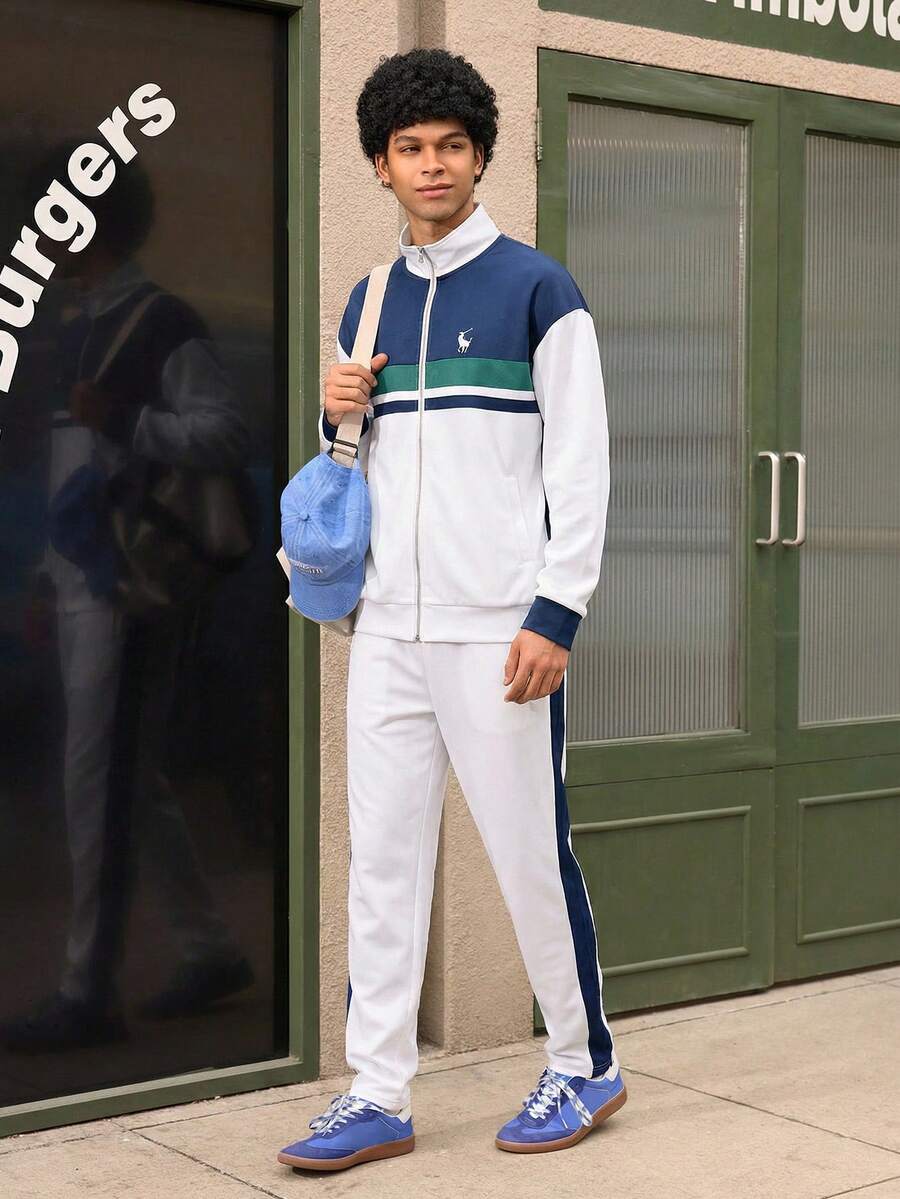 Open Phase Men's Striped Print Zip-Up Hoodie And Pants Set, Fall Clothes Spring To Summer Relaxed Fit For Men ,Summer Holiday Outfits , Retro American, Unisex, Relaxed Fit Summer Outfits – Suitable For Everyday Wear And Summer Holiday Outfits. - Multicolor - View 1
