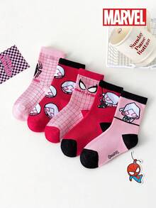 5 Pairs Marvel Superhero Socks, Spider-Man & Gwen Stacy Cartoon Mid-Calf Socks For Kids, Spring/Summer - Multicolor - View 8