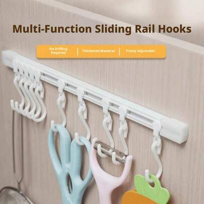 Multi-Function Sliding Rail Hooks – No-Drilling Adjustable Wall Organizer. No Drilling Required: Easy To Install; Thickened Material: Durable For Heavy Items. Freely Adjustable Hooks: Customize Spacing For Kitchen Tools, Bathroom Accessories. Ideal For Home, Kitchen, Bathroom. Practical Space-Saving Storage Hooks!