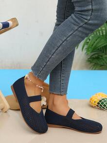 女士四季针织玛丽珍平底鞋，纯色套脚圆头鞋，织物鞋面和内衬，橡胶鞋底，建议手洗 - 藍色 - 查看 4