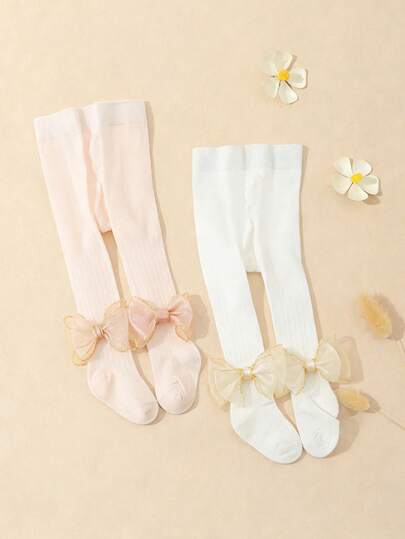 2 piezas Mallas ajustadas con lazo de malla dulce y lindo para niñas, de tela de algodón transpirable, adecuadas para actividades al aire uso diario, primavera/verano