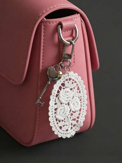 Lace Embroidered With Roses And Key Pendant, Korean Ins High-End Bag Pendant,Stylish Alloy Key Chain Ring, Bag Backpack Charm Car Key Holder,Decoration, Bag Accessories, Perfect Accessories For Women's Daily Use, Key Ring Keychain With Unique Design,Sweet Lace Embroidered With Roses, Vintage Key Metal Keychain Pendant For Bag Decoration,Keychain,Valentine's Day Gift,Mother's Day Gift