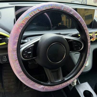 1 Artificial PU Leather Pink Glitter Car Steering Wheel Cover Without Inner Ring, High-Elasticity Car Steering Wheel Cover Without Inner Ring Elastic Band, Car Interior, Suitable For 14.5-15 Inch Women, Round /D Type Universal, Suitable For All Models, Anti-Slip And Wear-Resistant Car Parts