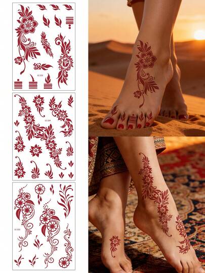 3 st/set, tatueringstatueringar, mehndi-tatueringsklistermärke, nymåne och blommor, växtblommor med flera vinstockselement, semi-permanent tatuering, falsk tatuering, handtatuering, falska tatueringar, falsk tatuering, tillfälliga tatueringar, tatueringstillbehör, tatueringskit, tatueringsklistermärken, vattentät tatuering med lång hållbarhet, tatueringar för kvinnor, ryggtatuering, armtatuering, tatueringar på benen, festival, rave