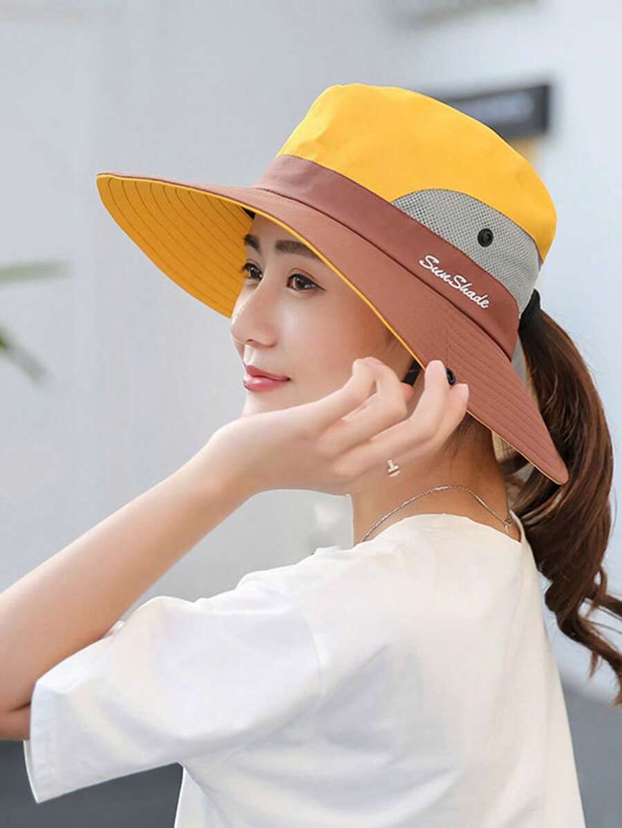 男女通用夏季马尾辫遮阳帽，可折叠透气宽檐渔夫帽，适合远足、海滩、钓鱼 - 彩色 - 查看 1