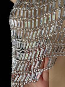 DEKUNER 闪亮金属流苏身体链上衣 - 镶钻身体饰品，性感不对称露脐上衣，适合节日装扮和夜店穿着 - 銀色 - 查看 3