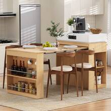 Kitchen Island On Wheels, Extendable Dining Table With Folding Top, Bar Table With Power Strips And Hooks, Serves As A Kitchen Island, Buffet Or Bar Table For The Kitchen And Dining Room (Natural) - Natural Color + Medium Density Fiberboard + Glass - View 3