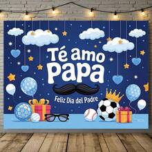 1 pieza Pancarta para la fiesta del Día del Padre, telón de fondo de poliéster con temática española que incluye bigote, balón de fútbol y patrones de regalo, 75g/㎡, adecuado para el hogar y la habitación - 2 - Ver 1