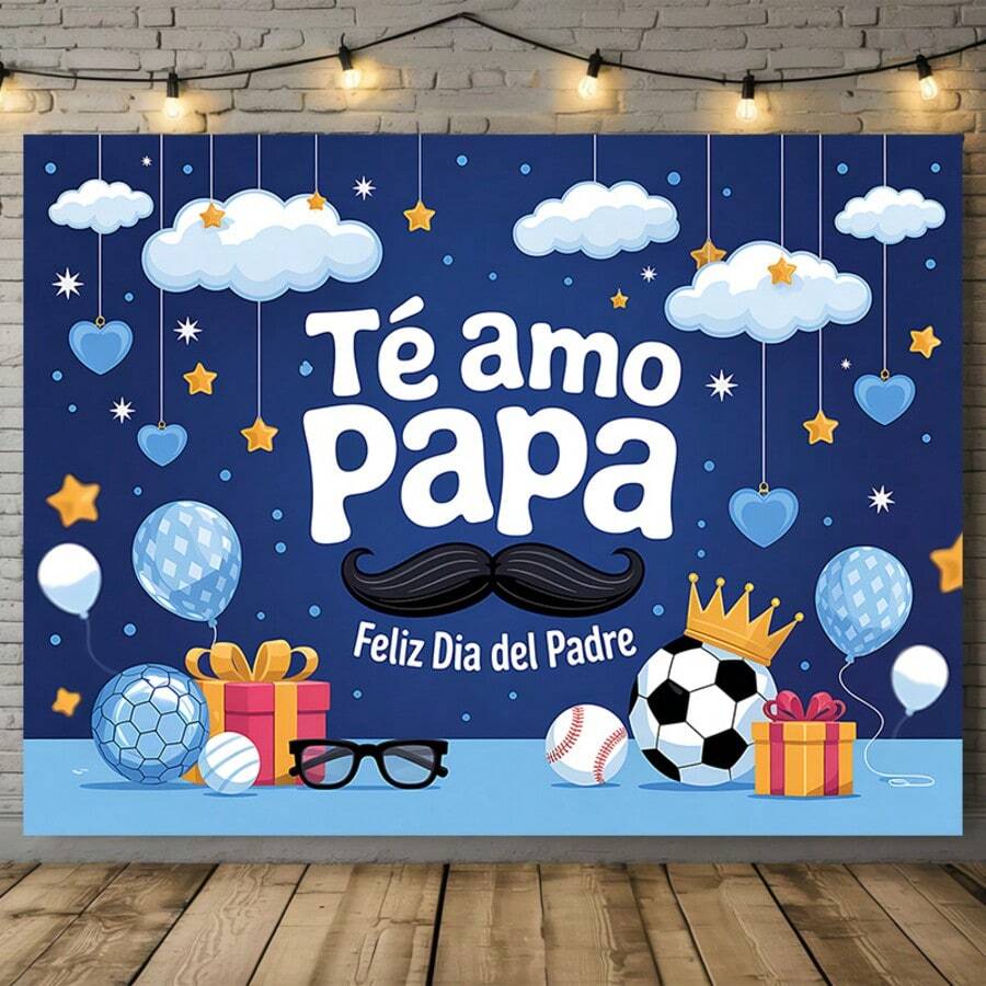 1 pieza Pancarta para la fiesta del Día del Padre, telón de fondo de poliéster con temática española que incluye bigote, balón de fútbol y patrones de regalo, 75g/㎡, adecuado para el hogar y la habitación - 2 - Ver 1