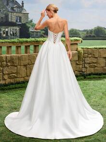 Elegant, Noble And Cute White Satin Faux Pearl Decor Style A-Line White Wedding Dress Bridal Gown With Train Spring - White - View 7