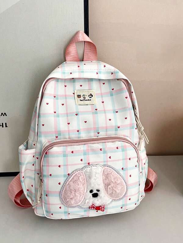 1pc Multi-Color Plaid Print + Plush Puppy Patch + Letter Fabric Label Waterproof Oxford Mini Backpack, Zipper Closure, Sweet Girl Style, Handheld/Shoulder/Crossbody Multi-Use Bag, Suitable For School