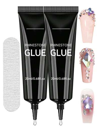 GLOZ Nail Rhinestone Glue - 2PCS 20ML Super Strong Adhesive Gel Nail Glue And Rub For Decorations Charms 3D Gel Nail Art Gems Jewel Diamonds For Salon & DIY Manicure, UV/LED Cured Need Beauty Gifts