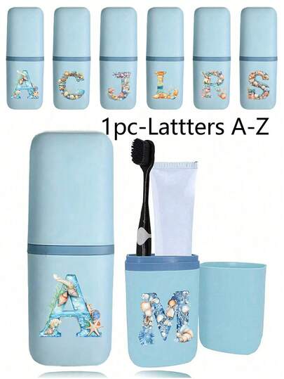 Portable Travel Toothbrush Case, Printed With A-Z Letters, Starfish, Seashell And Ocean Elements Design, Bathroom Supplies, Outdoor Travel Toothbrush And Toothpaste Storage Box, Alphabet Series Print Dust-Proof Organizer, Travel Essentials, Back To School Supplies, Camping Necessity For Vacation, Summer Holiday Supplies, Bathroom Accessories, Home Goods, Storage Items
